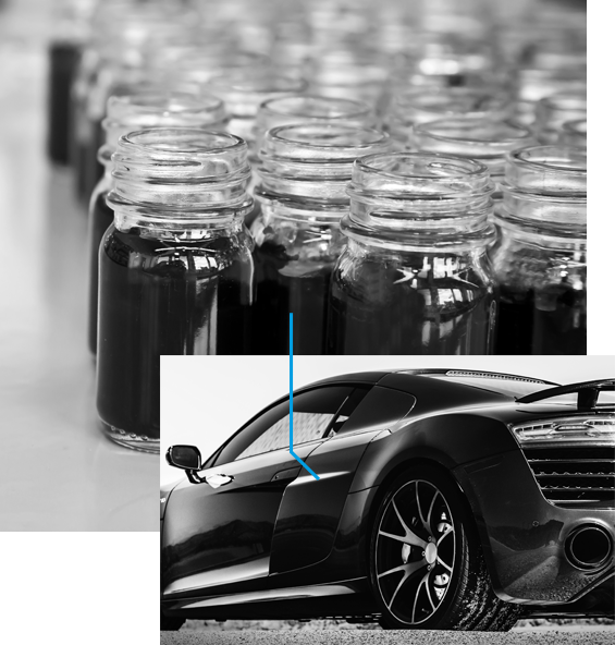 collage of black pigments and black car